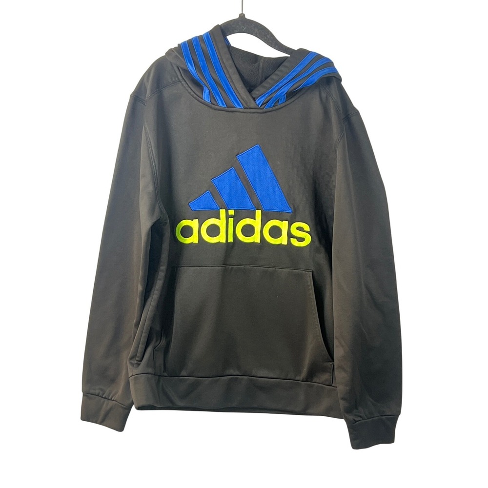 Adidas Kids Black Neon Green Blue Hooded Sweatshirt Boys Medium Loungewear Sport